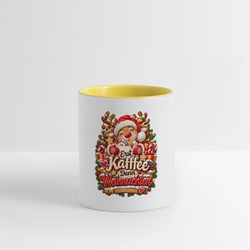 Weihnachtstasse 🎄 Erst Kaffee, dann Weihnachten – Lustige Kaffeetasse 325 ml - Weiß/Gelb