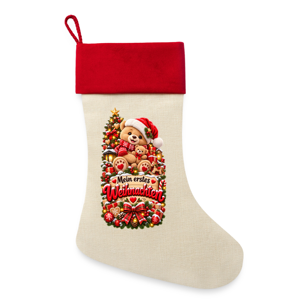 Leinen Weihnachtsstrumpf – Mein erstes Weihnachten | Teddy Motiv | Baby Geschenk - Natur/Rot 