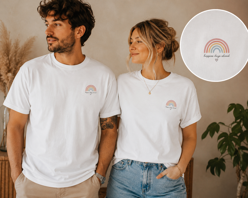 ST/ST Rocker majica kratkih rukava "Happier Days Ahead" – Majica od organskog pamuka s Rainbow dizajnom i pozitivnim vibracijama