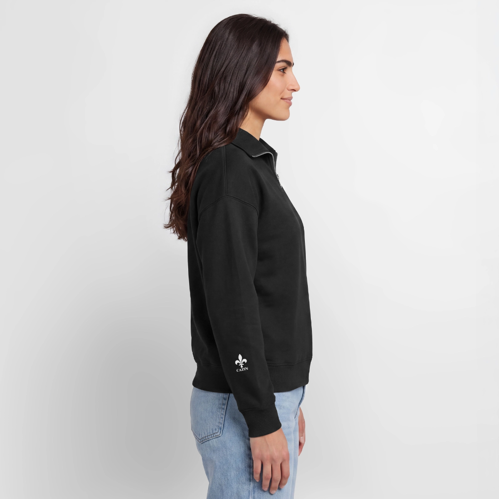 CAZIN Premium Half-Zip Hoodie – Bosnische Lilie auf Brust & Ärmeln | SPREAD - Schwarz