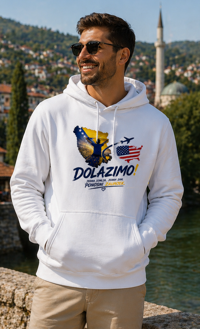 Muški Premium Organski Hoodie – Dolazi Bosna Ponosna | Prednja štampa