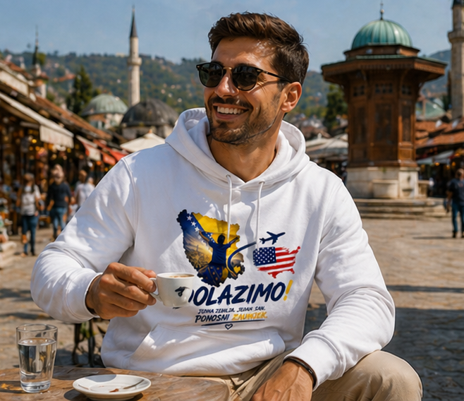 Muški Premium Organski Hoodie – Dolazi Bosna Ponosna | Prednja štampa