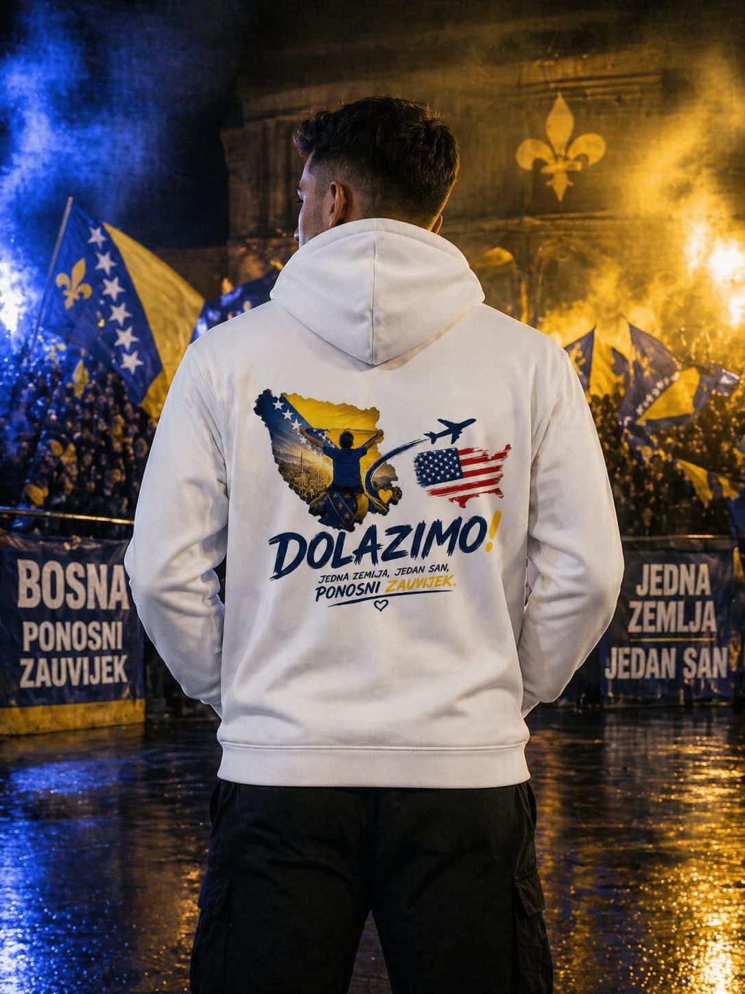 Muški Premium organski hoodie – Dolazi Bosna Ponosna | Ispis na leđima