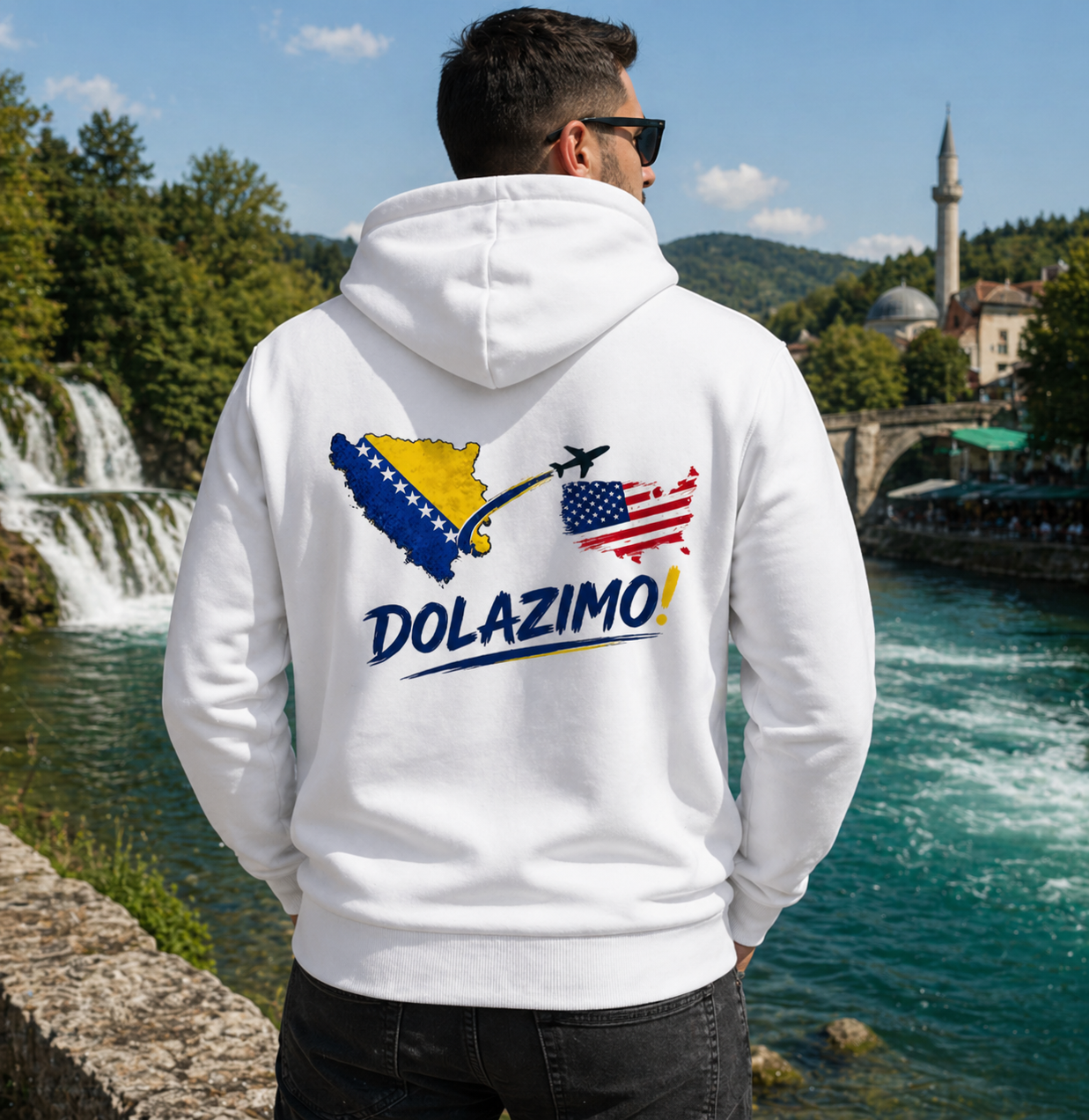 Muška dukserica sa rajsferšlusom –Dolazi Bosna | Print na leđima