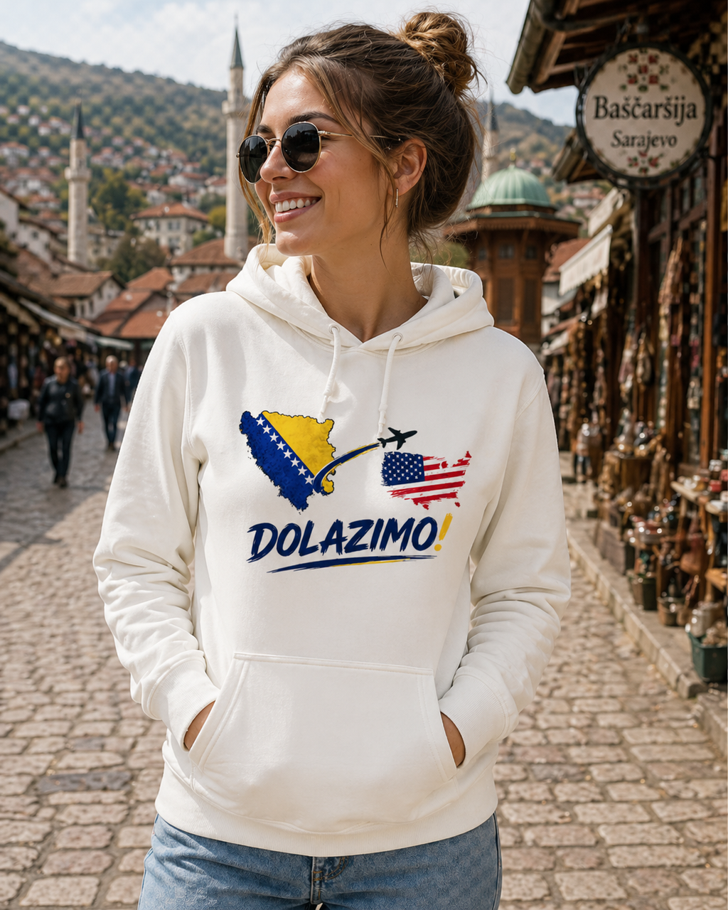 Ženski Premium organski duks s kapuljačom – Dolazi Bosna | Prednja štampa