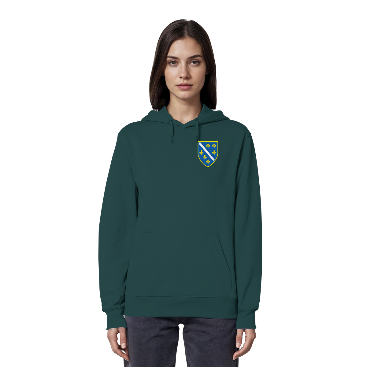 Premium organski hoodie s grbom Bosne i Višegradom i vezom | Stanley/Stella – Unisex