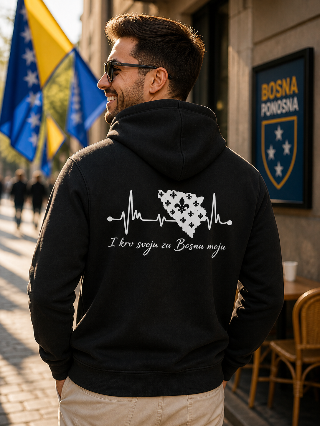 Muški premium organski duks Bosna – Bosna otkucaji srca | Print na leđima