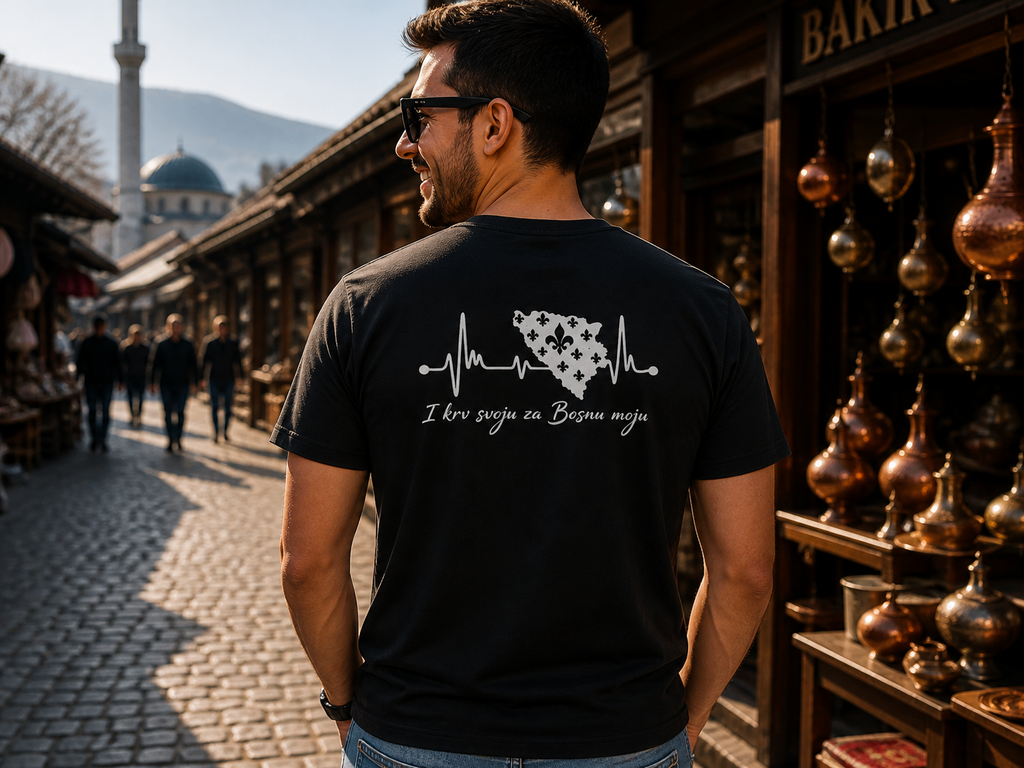 Muška teška pamučna majica Bosna – Bosna otkucaji srca | Print na leđima