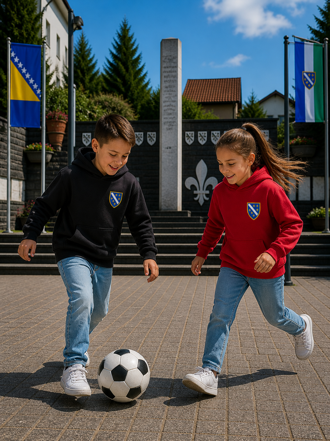Dječija Premium Bio dukserica s kapuljačom - Grb Bosne s ljiljanima | Lijeva strana grudi