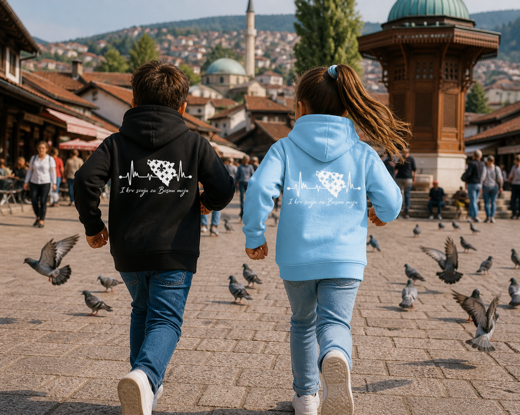 Dječija osnovna dukserica Bosna – Bosna otkucaj srca | Print na leđima